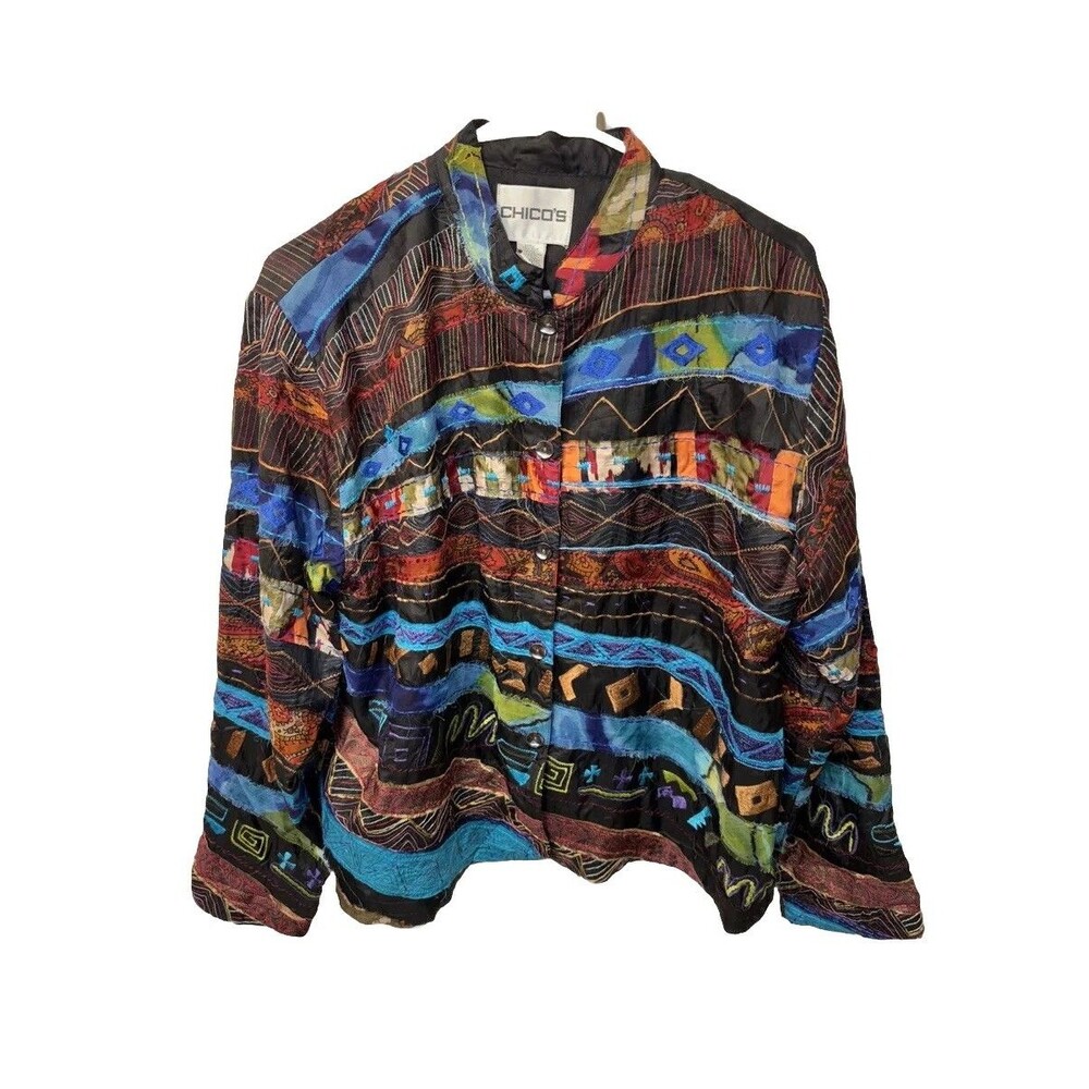 Chicos Jacket Women L 2 Silk Patchwork Grunge Embroider Whimsical Buttons Lined